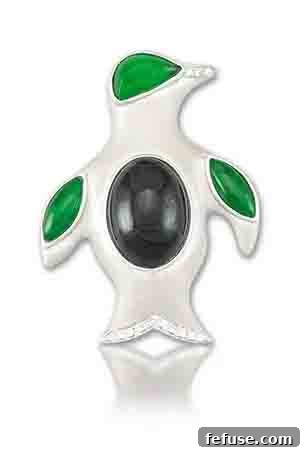 Penguin pin in 18k white gold with black nephrite and green jadeite and diamonds by Mason-Kay Designs by Kristina