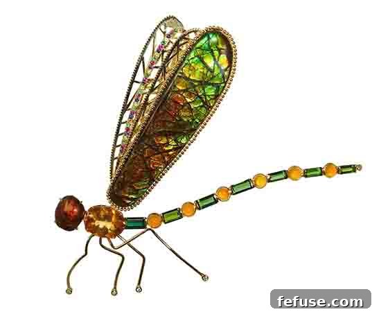 Cecelia Dragonfly brooch in 18k yellow gold with citrine, fire agate, green tourmalines, and multicolor sapphires by Brenda Smith Jewelry