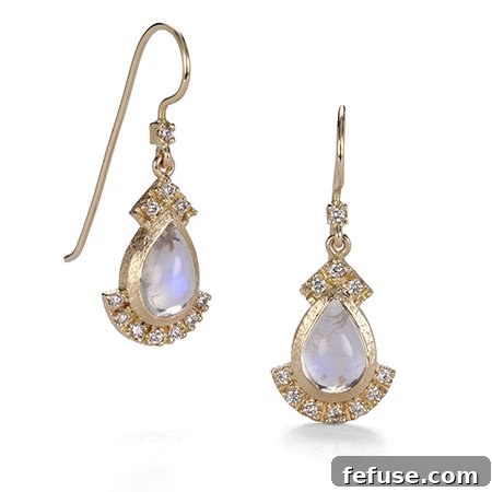 Earrings in 14k gold with 4.19 cts. t.w. rainbow moonstones and 0.33 ct. t.w. diamonds, $1,850