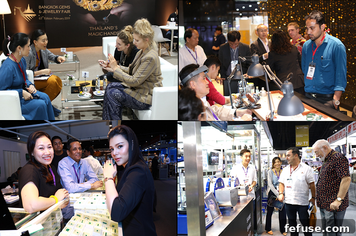 63rd Bangkok Gems & Jewelry Fair Foreign Trade Partners Admire “Thailand’s Magic Hands” - International buyers engaging with exquisite Thai jewelry at the fair, embodying the theme of 'Thailand's Magic Hands'.