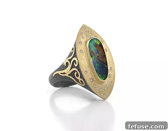 Alishan Navette Ring with Boulder Opal and Diamonds