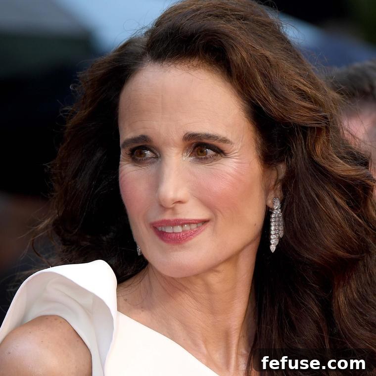 Cannes 2019 Jewellery Dazzles 3 Andie MacDowell in a cool all-white gown and Chopard diamond earrings and bracelets at Cannes Film Festival 2019