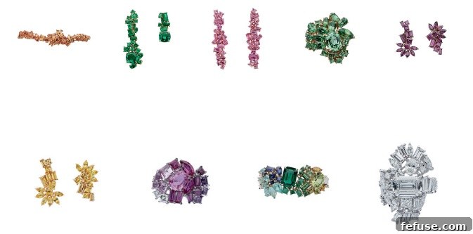 Dior Gem Dior high jewellery collection, featuring multiple colorful gemstones in an abstract, jumbled setting.