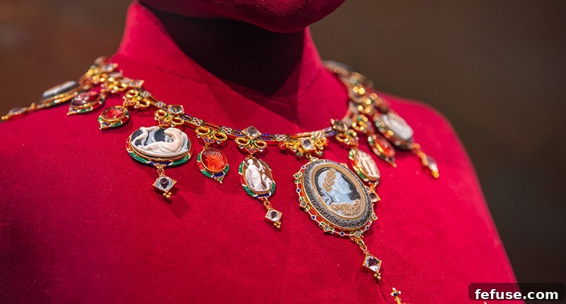 The necklace in the set features gold, enamel, paste diamonds, carnelian, onyx and garnet.