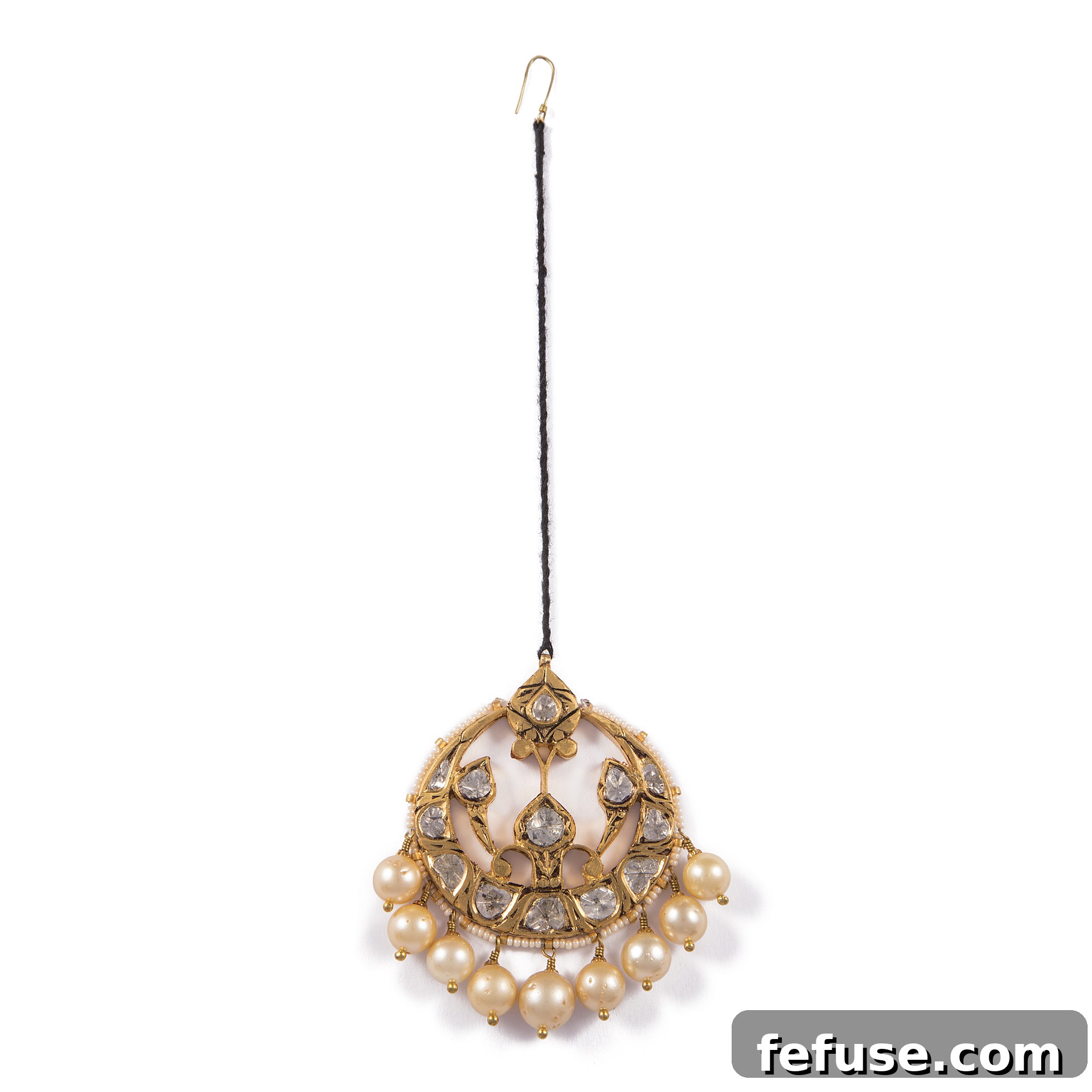 Chaandbaali Maang Tikka - Elegant Crescent Moon Indian Bridal Headpiece with Pearls and Uncut Diamonds