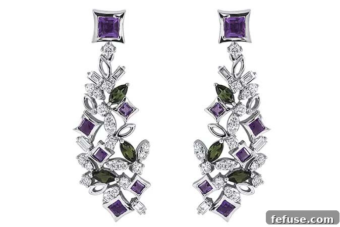 Camilla earrings featuring purple and green gems for contrast