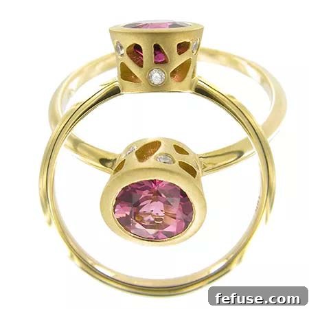 Ring with pink tourmaline complementing Greenery