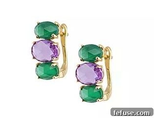 Huggie earrings with green onyx and amethyst for a lush garden effect