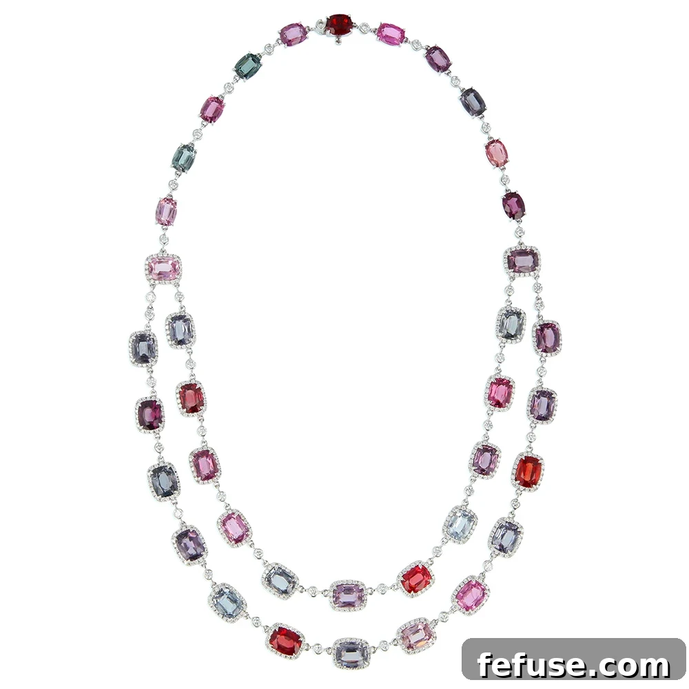 Spinel and Diamond Necklace - Custom blend with unheated Burmese cushion-cut spinels (86.58 carats total) in 18k white gold by Stephen Silver.
