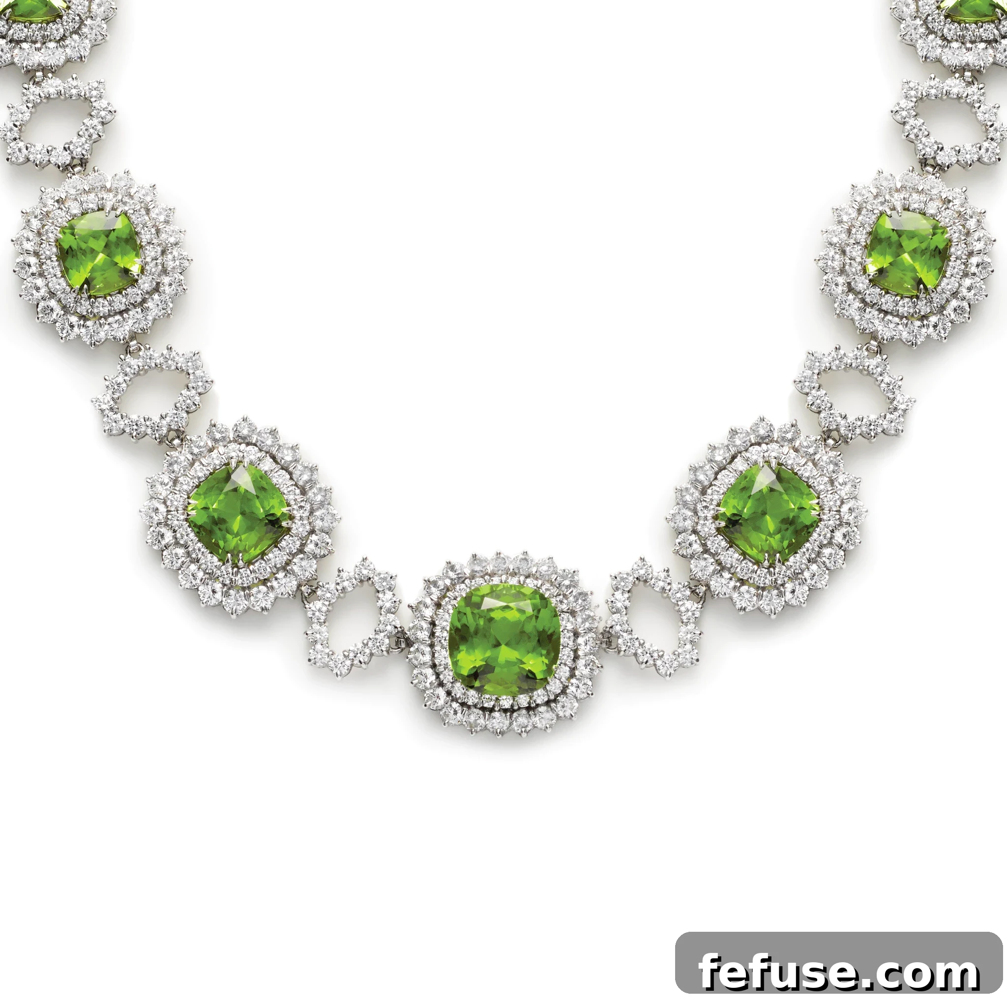 Peridot and Diamond Necklace - Handmade Stephen Silver necklace with 41.44 total carats cushion cut peridots and 32 total carats round brilliant cut diamonds in platinum.