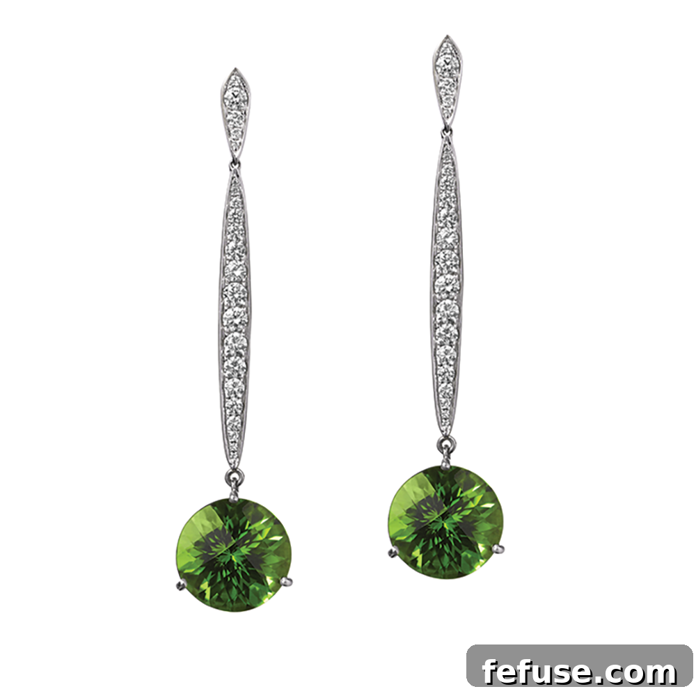 Peridot and Diamond Drop Earrings - Stephen Silver original drop earrings with 16.75 carats checkerboard faceted peridots in white gold and platinum.