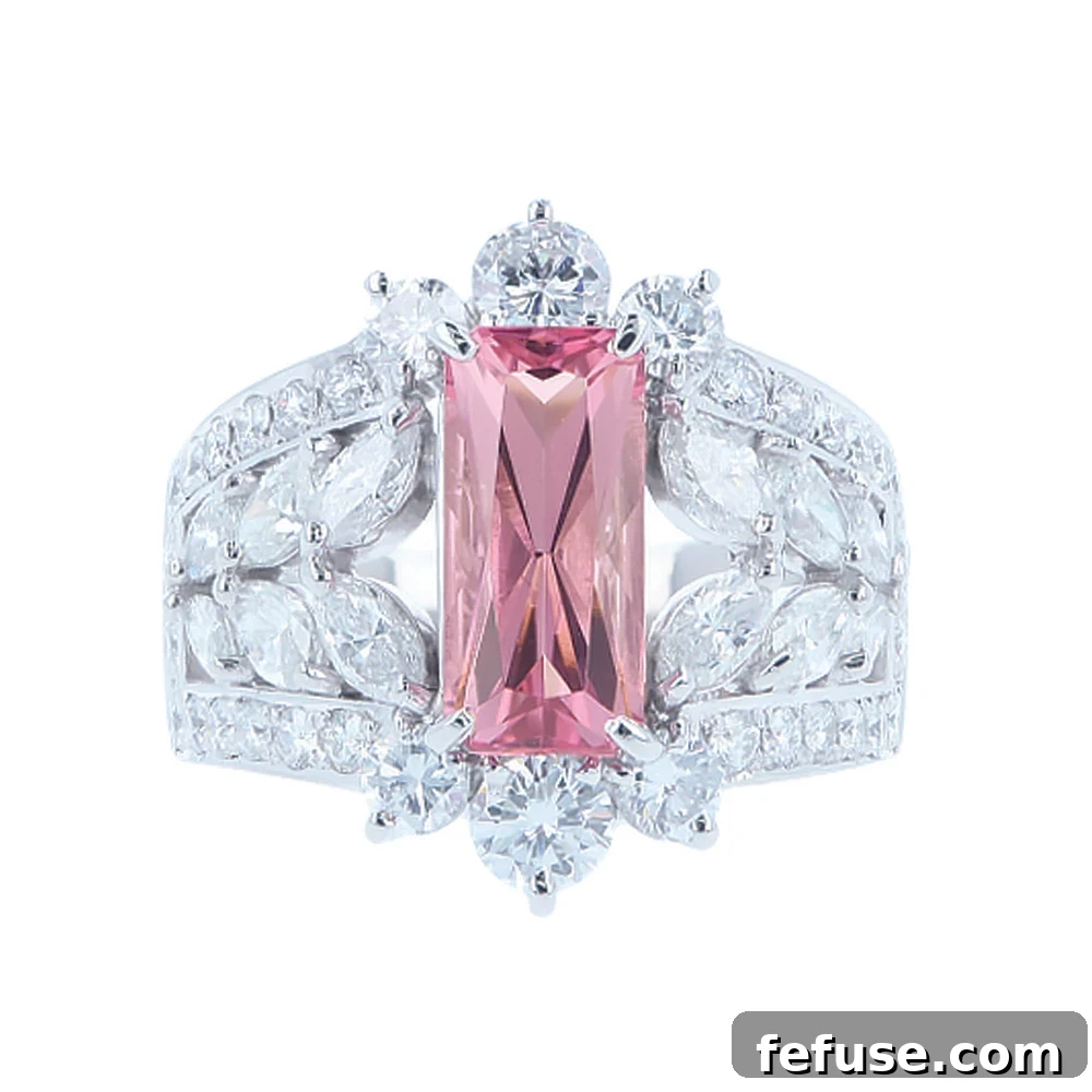 Pink Tourmaline Ring - Stephen Silver handmade ring with 2.80-carat rectangular-cut pink tourmaline, 2.55 carats of round brilliant and marquise cut diamonds in platinum.