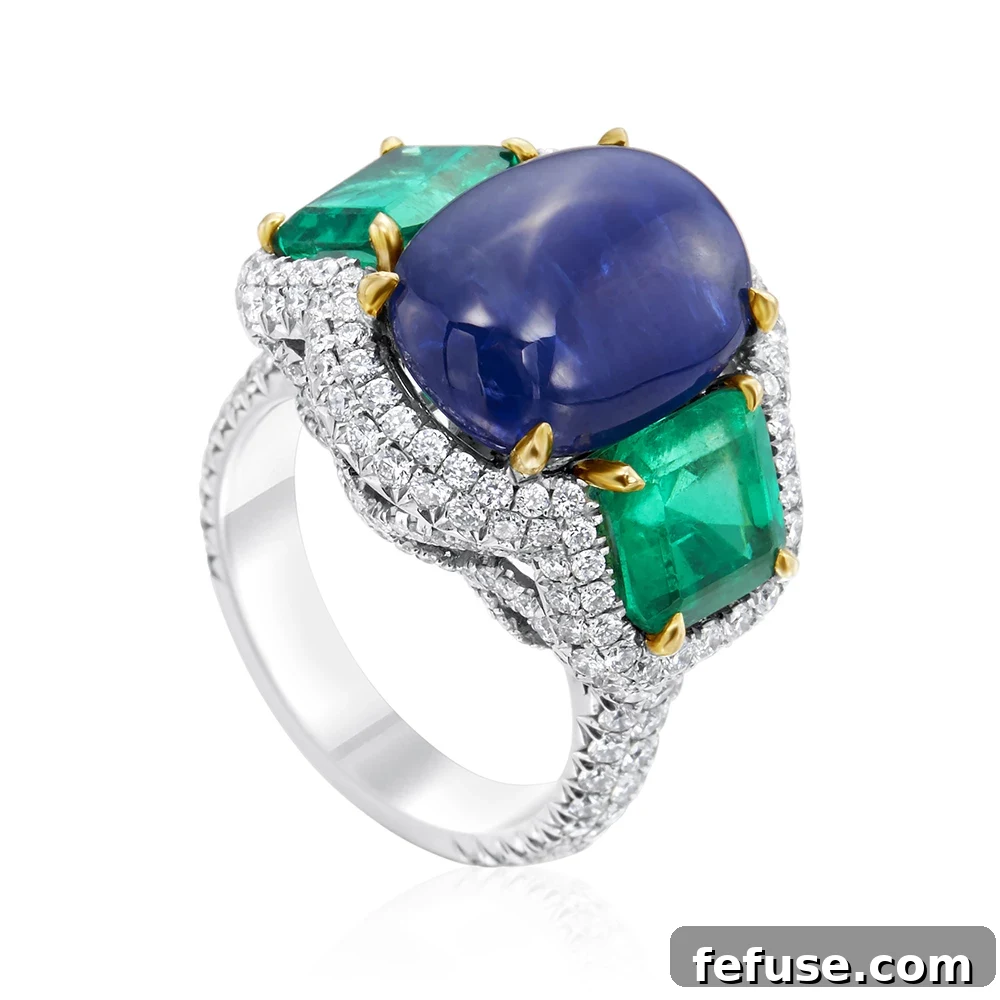 Tumbled Sapphire, Emerald and Diamond Ring - Stephen Silver custom ring with 12.22 carat unheated Burmese sapphire, 4.45 carats step-cut emeralds, 4.00 carats pavé diamonds in platinum and 18k yellow gold.