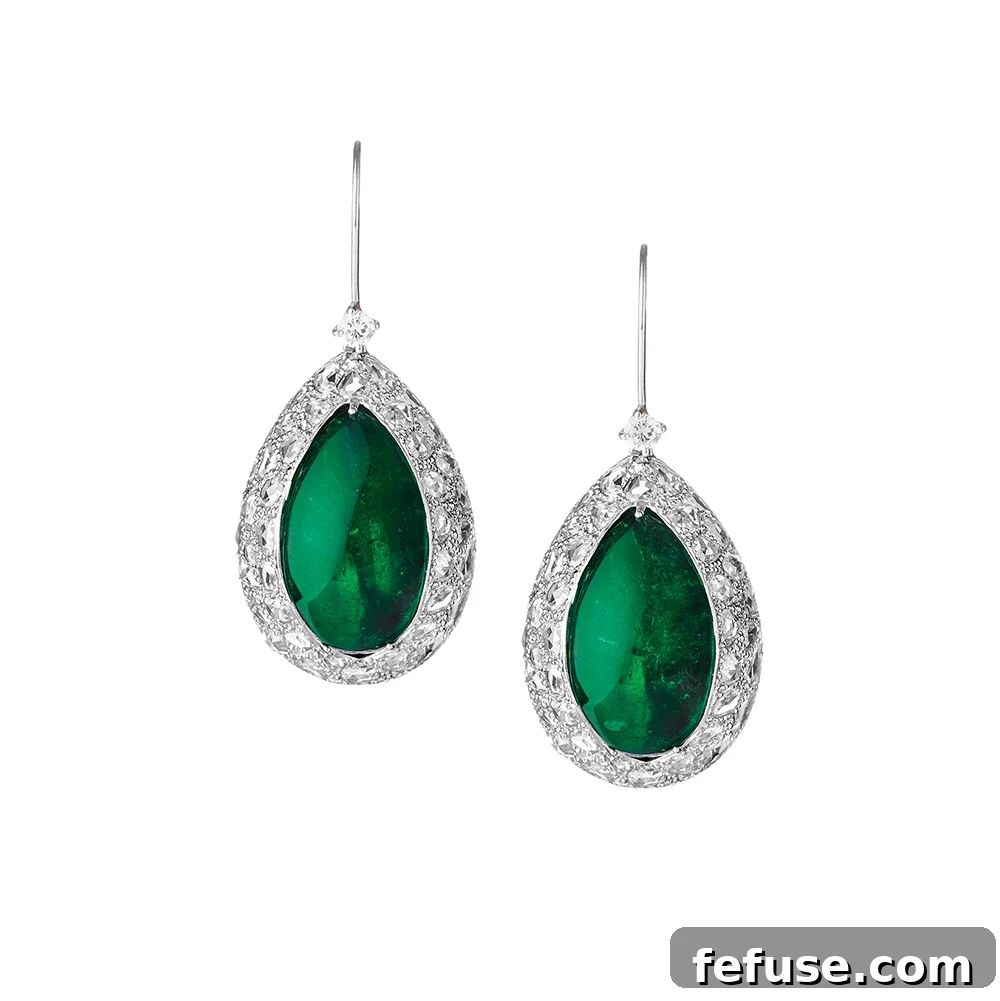 Cabochon Emerald and Diamond Earrings - Stephen Silver handmade with large Colombian cabochon-cut emeralds, rose-cut and pavé set diamonds in 18k white gold.