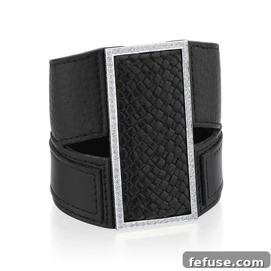 Bracelet to Brooch Cuff - Custom handmade leather cuff bracelet by Stephen Silver featuring removable diamond open square brooch (2.15+ carats pavé diamonds) in platinum.