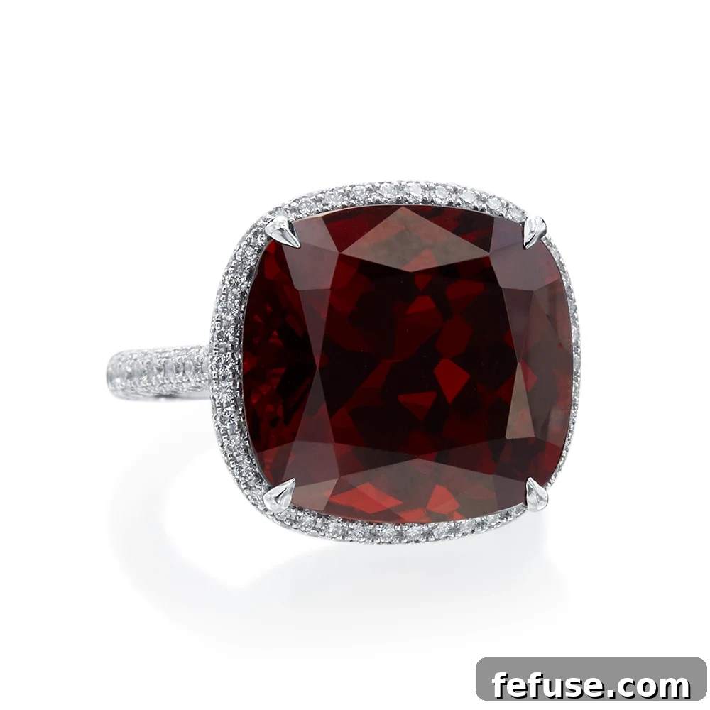 Spessartite Garnet and Diamond Ring - Stephen Silver house-made halo ring with 25.06-carat cushion-cut spessartite garnet, pavé set diamonds in platinum.