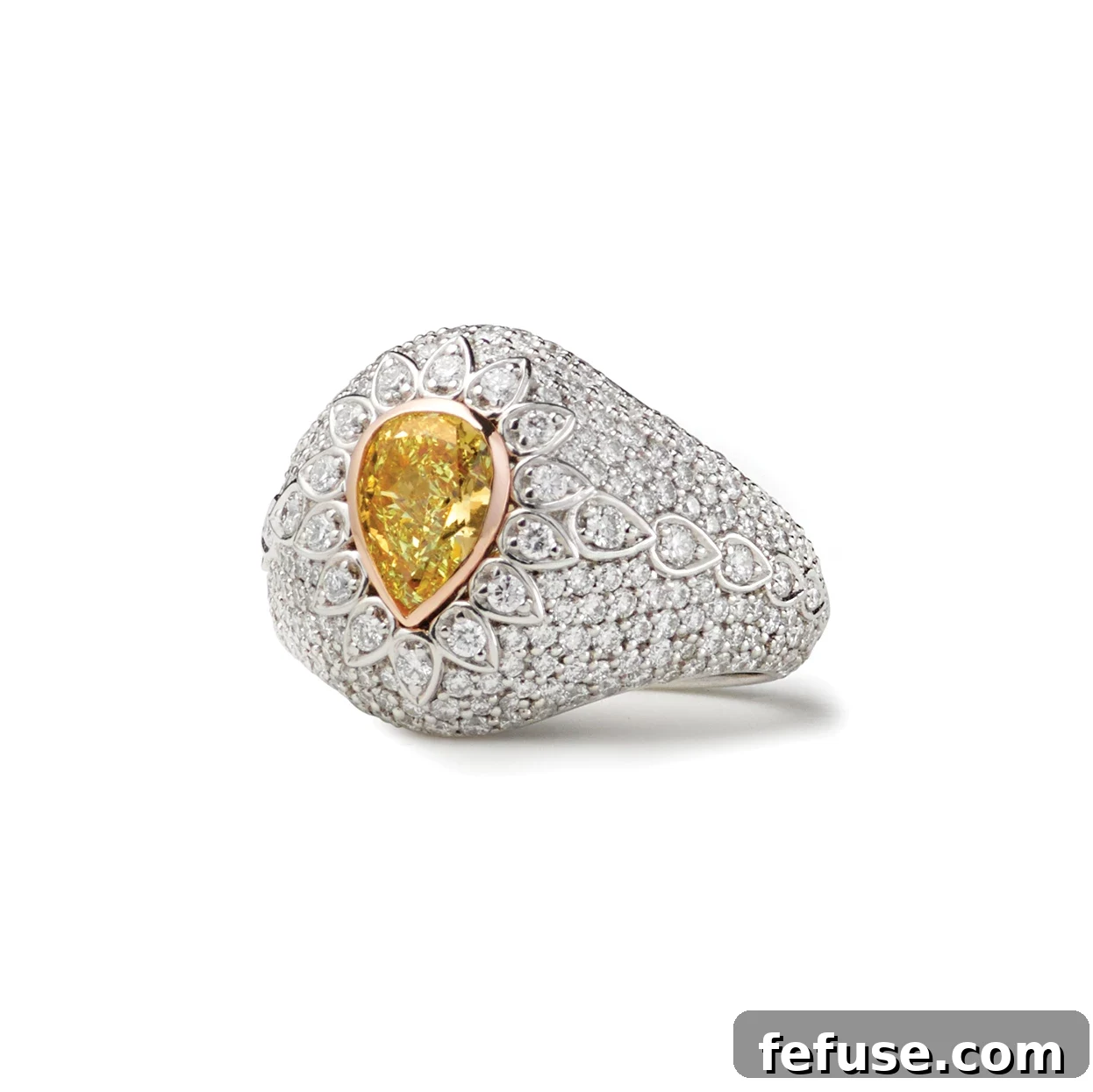 Pear Shaped Fancy Intense Yellow Diamond Ring - Stephen Silver original ring with 1.02-carat Fancy Intense Yellow pear-shaped diamond, bezel set into a domed ring, surrounded by 2.25 carats pavé set diamonds in platinum.