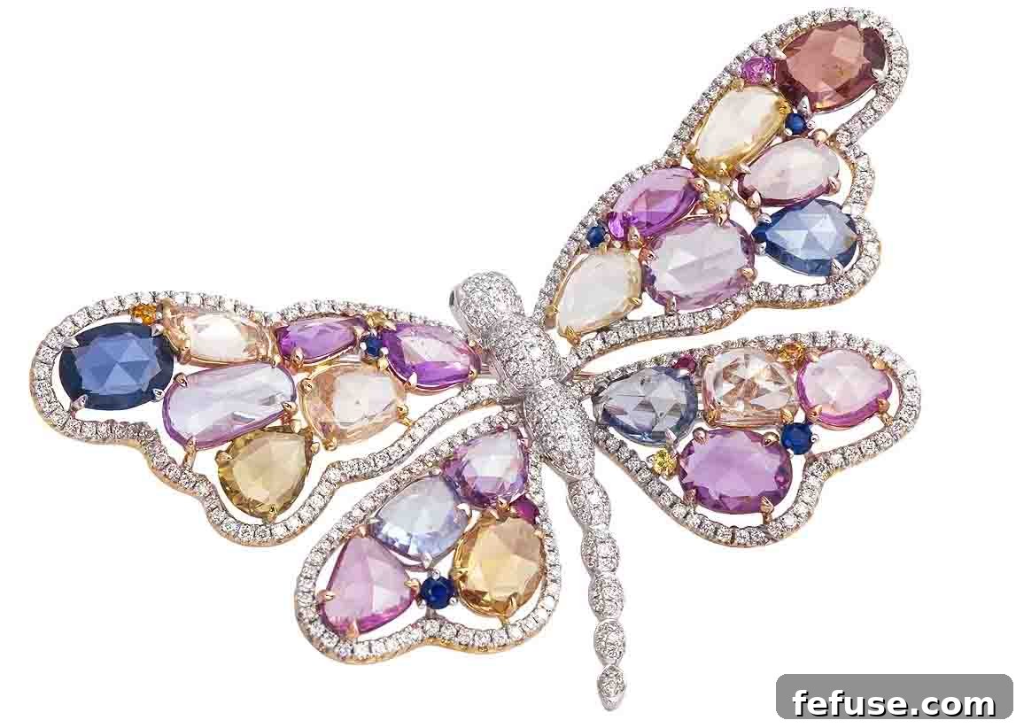 Dazzling Dragonfly Pin with Multicolor Sapphires, Diamonds, and Rubies by Jye Luxury Collection