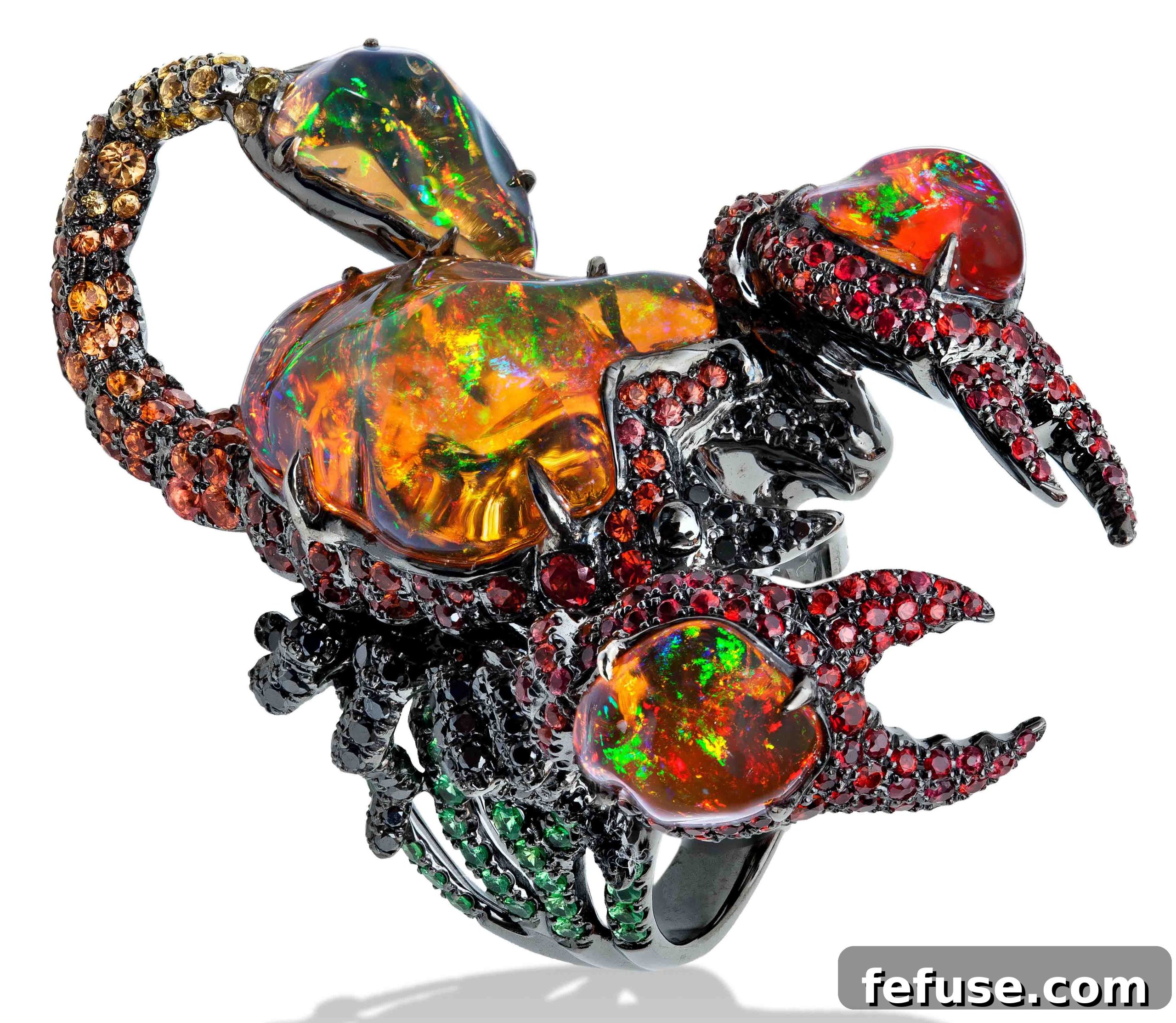 Bold Scorpion Ring with Fire Opal, Garnet, Sapphire, and Black Diamonds by Lydia Courteille