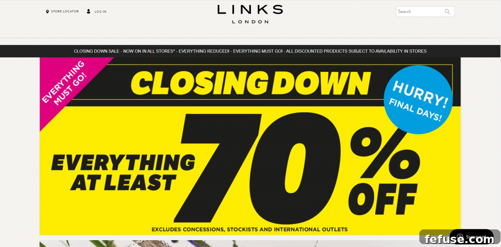 Links of London store front with 'Everything Must Go' signs and prominent discounts