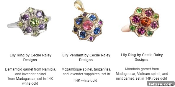Cecile Raley Designs Spring Capsule Collection jewelry pieces, including rings and pendants with various gemstones.