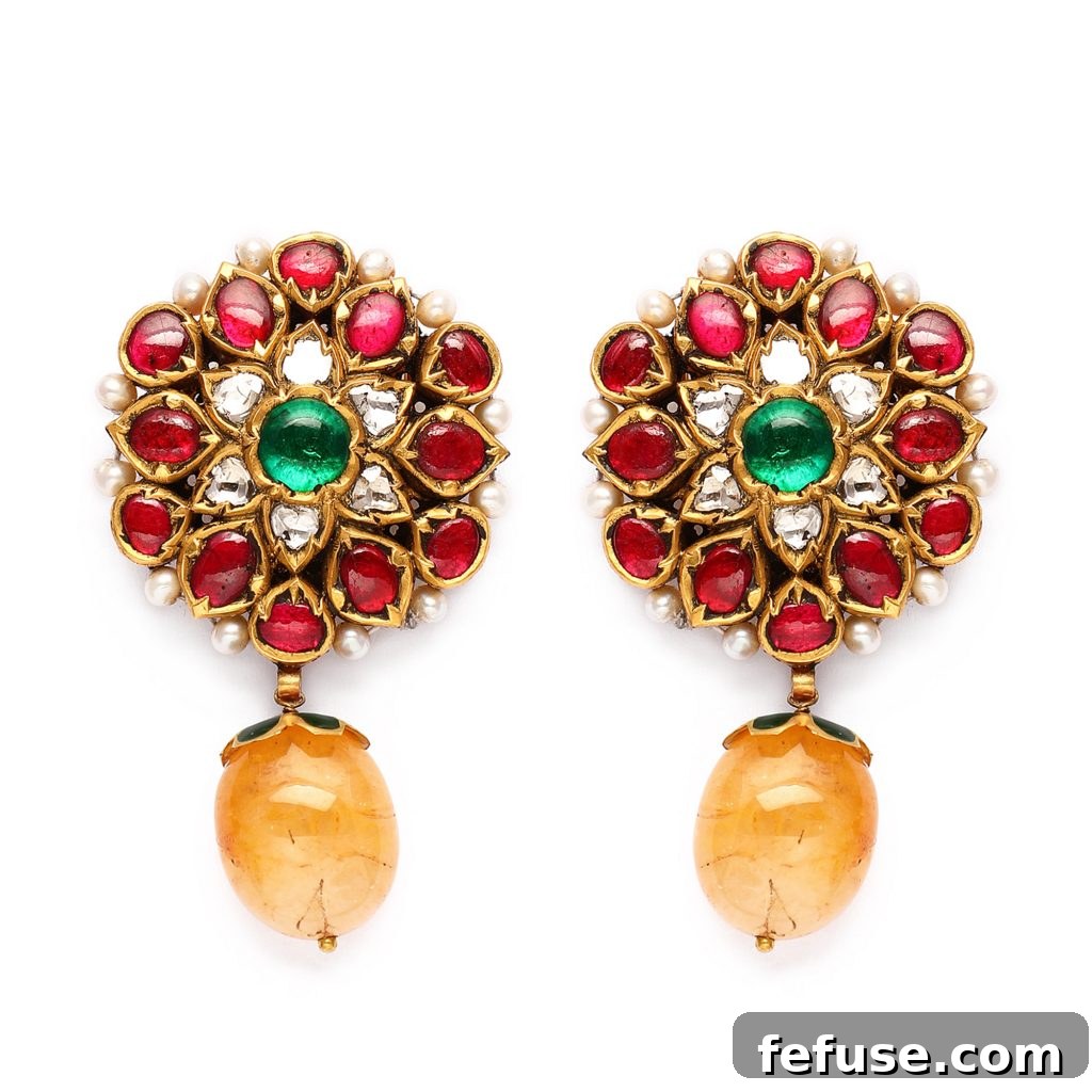 Elegant Latique floral Jadau earrings adorned with emeralds, rubies, and a yellow sapphire drop, perfect statement piece for Indian celebrations.