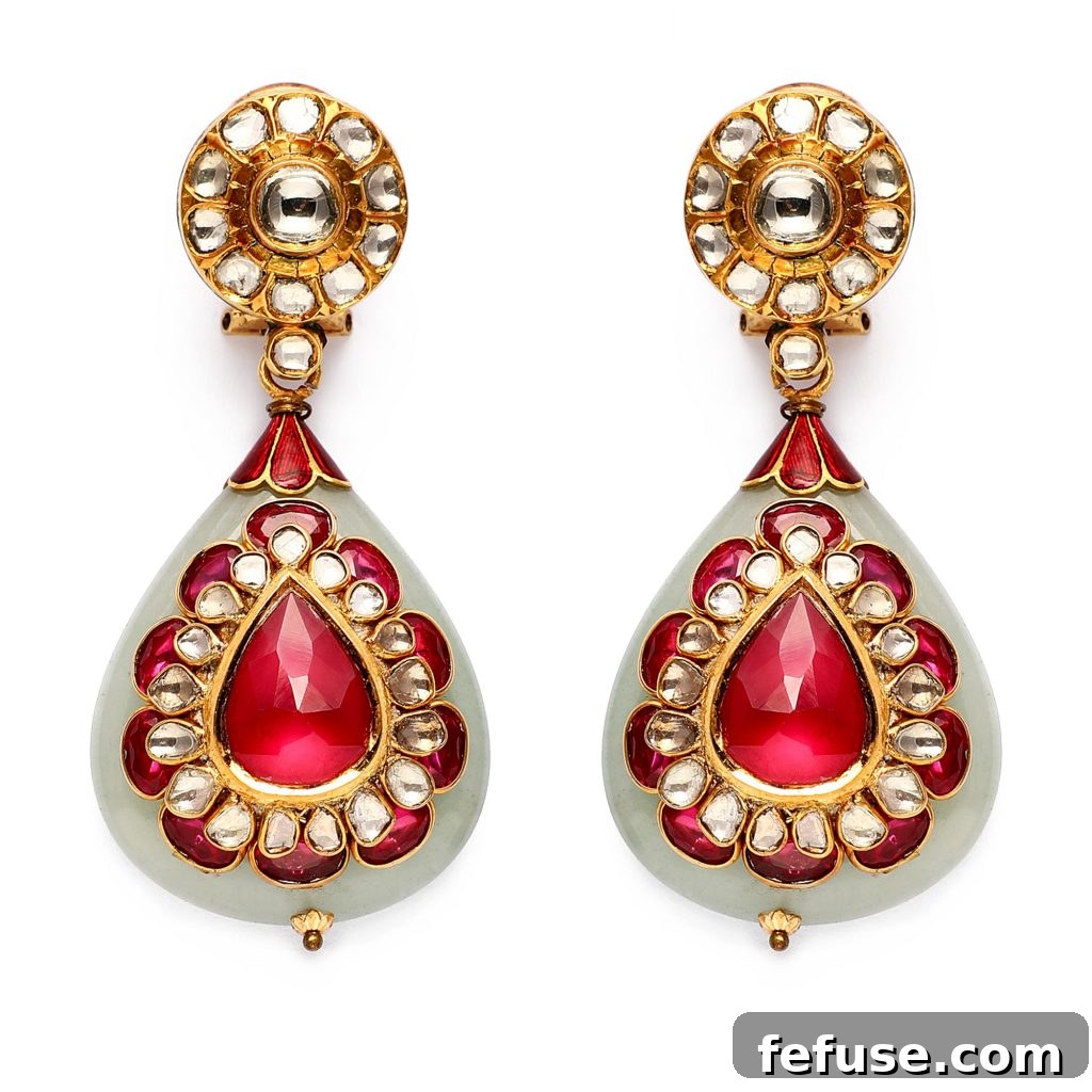 Latique ruby and uncut diamond earrings set in 22k gold, inlaid over jade, redefining beauty with a unique blend of precious stones.