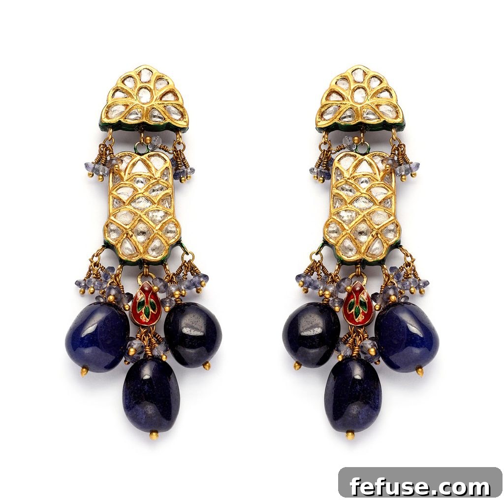 Striking Latique earrings with enamel, navy blue Tanzanite drops, and uncut diamonds, crafted in 22kt gold for sophisticated appeal.