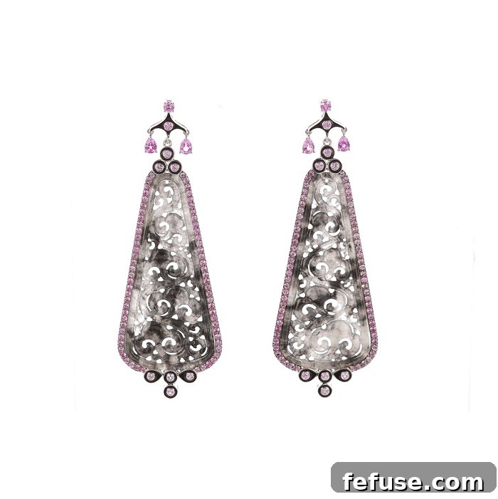 Stephen Silver Carved Jade and Pink Sapphire Earrings