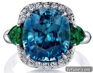 Monaco Ring in White Gold with Blue Zircon, Tsavorite Garnets, and Diamonds