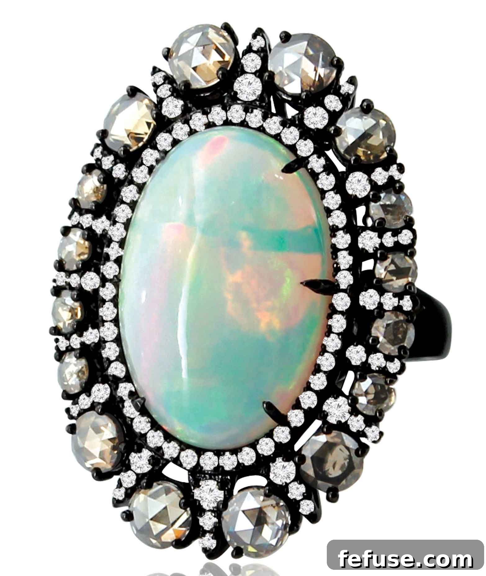 Black Gold Gothic Ring with Opal and Diamonds