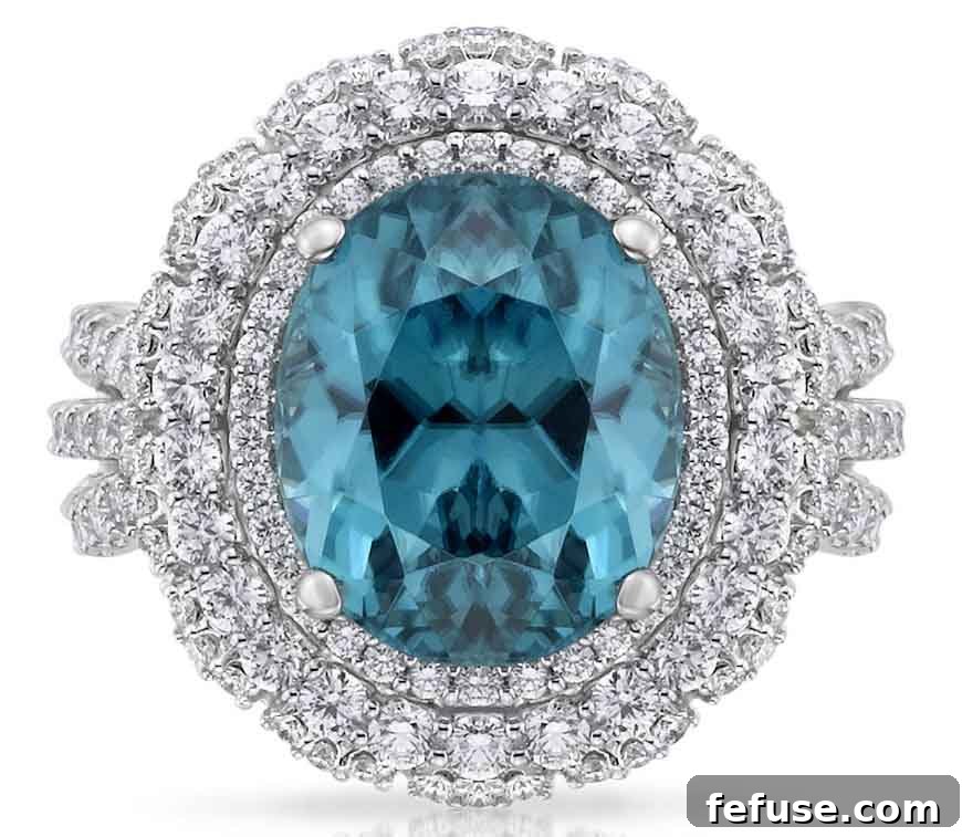 White Gold Cocktail Ring with Blue Zircon and Diamonds