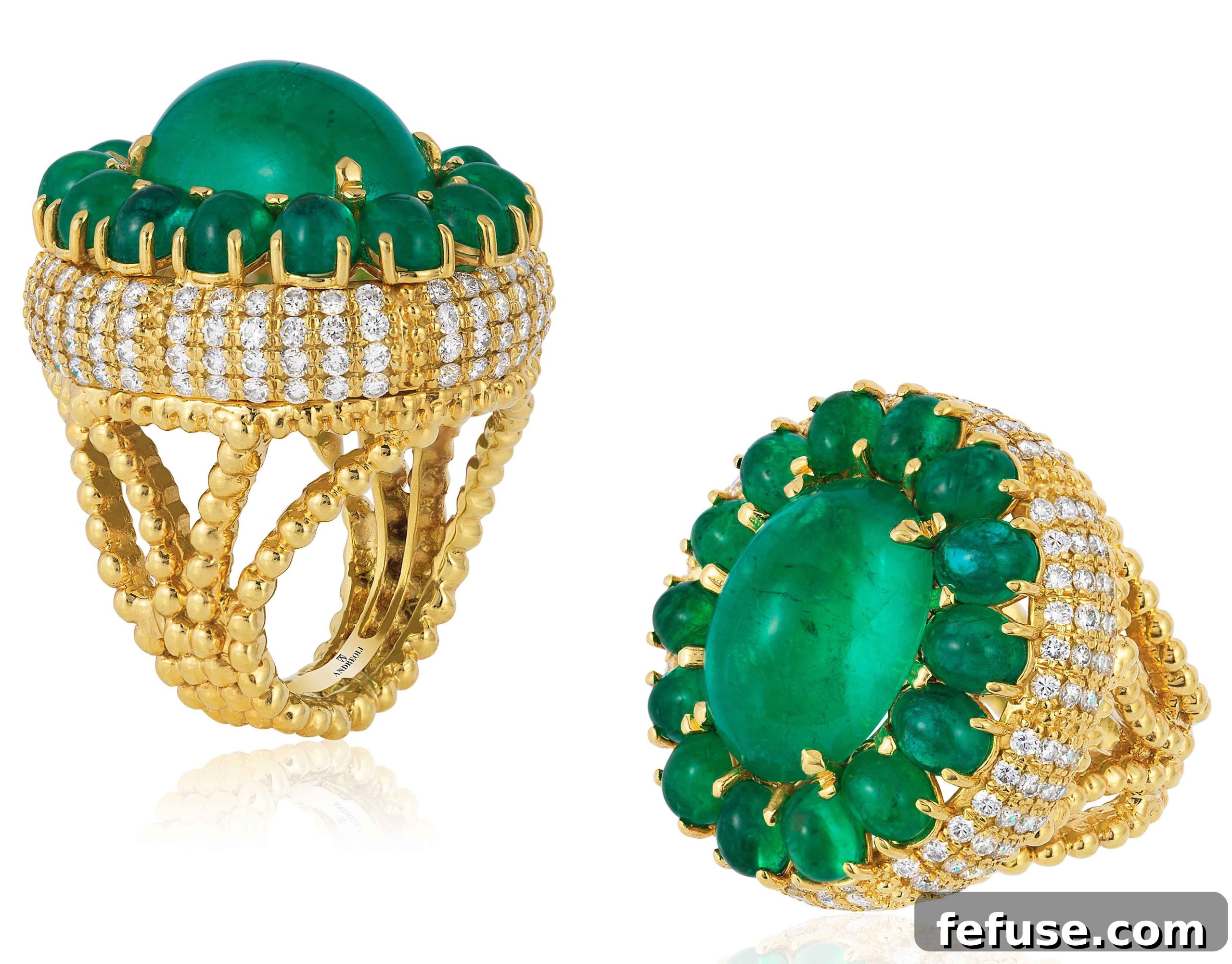 Yellow Gold Cocktail Ring with Colombian Emerald Cabochons and Diamonds