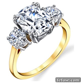 Meghan Markle's diamond engagement ring, a cushion-cut diamond with two smaller stones from Princess Diana