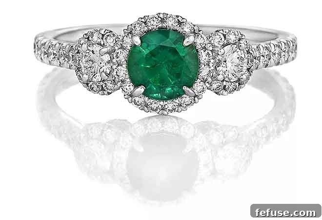 Distinguished three-stone emerald and diamond engagement ring in 18k white gold with pave diamonds