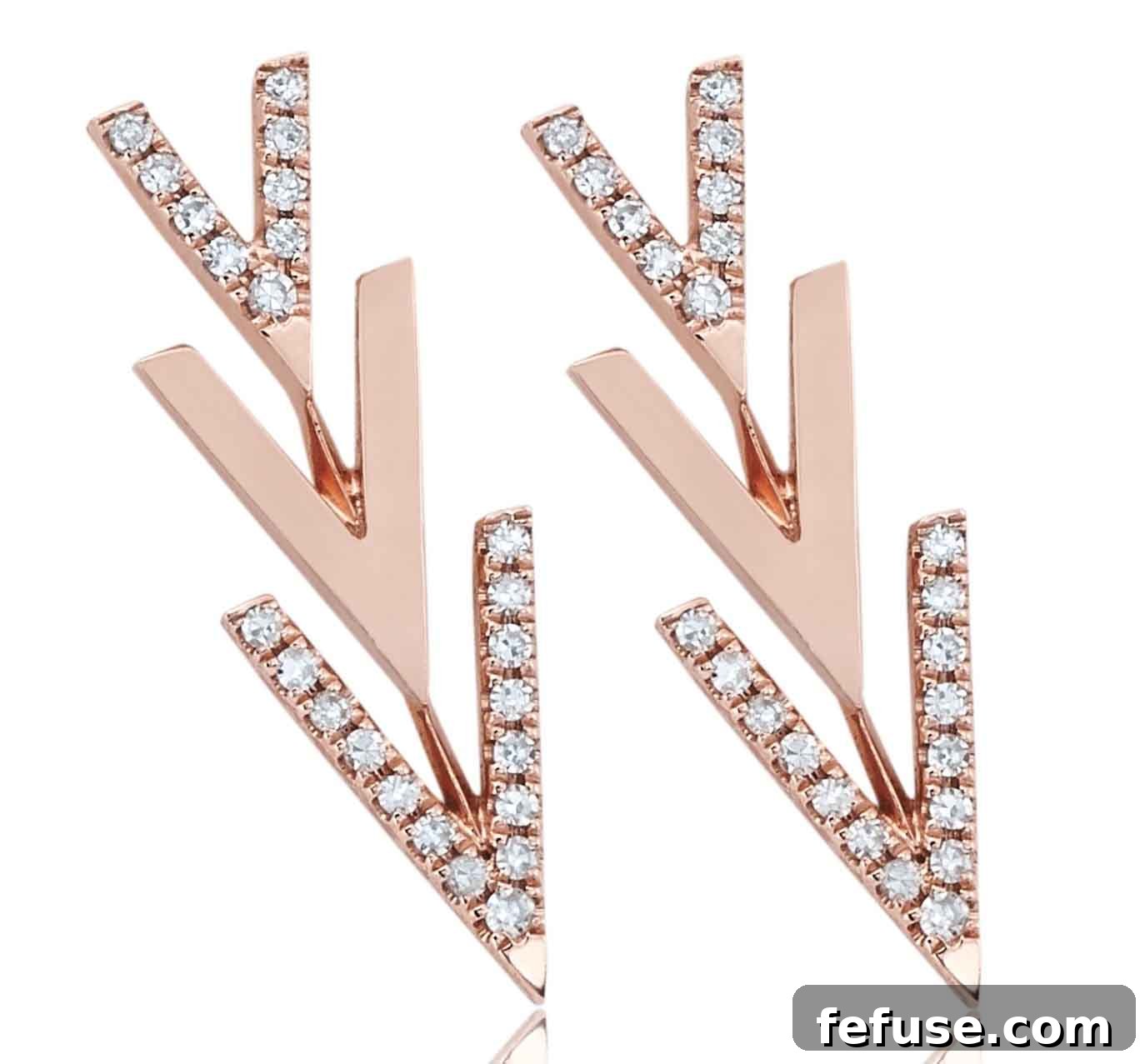 Flying V stud earrings in 14k rose gold with diamonds