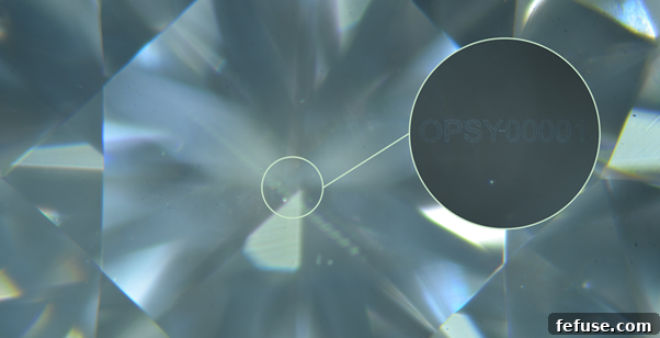 Opsydia Nano ID is an alphanumeric identifier less than 50 μm across, invisible at 40x magnification, ensuring diamond clarity is unaffected.