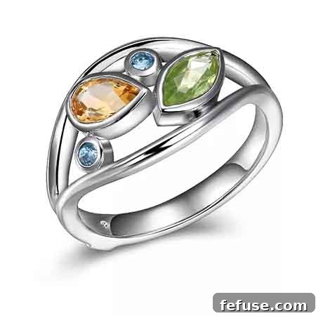 Ring in sterling silver with blue topaz, peridot, and citrine
