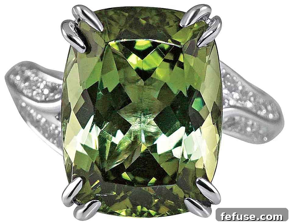 Marcy custom ring in platinum with a 7 ct. cushion green tourmaline