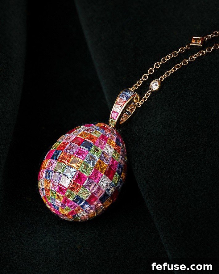 Fabergé Imperial Yellow, Gold Mosaic Ruby, Sapphire & Diamond Egg Pendant