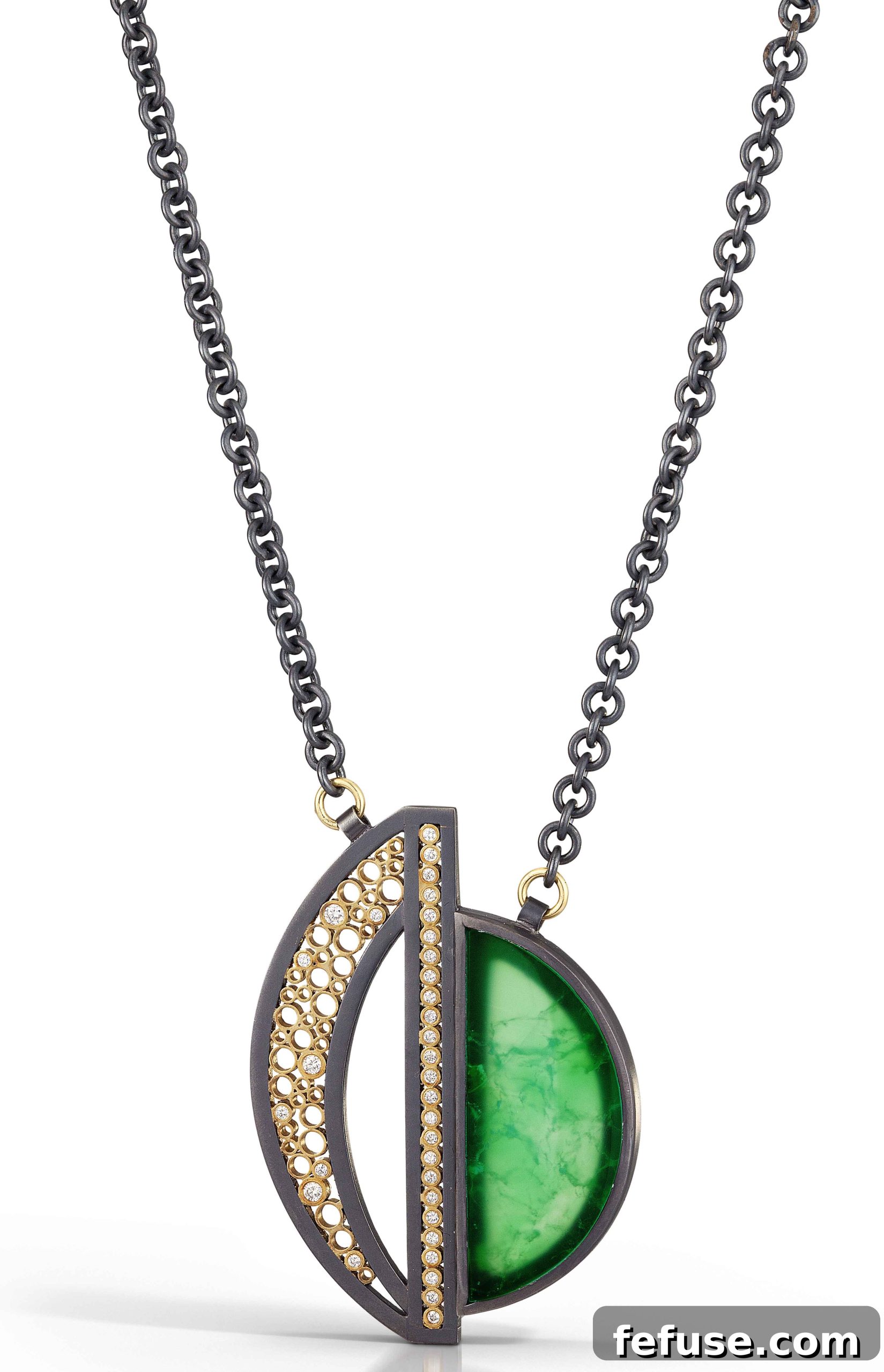 Double Half Circle Deco pendant in oxidized sterling silver and 18k yellow gold with Australian chrysoprase and diamonds