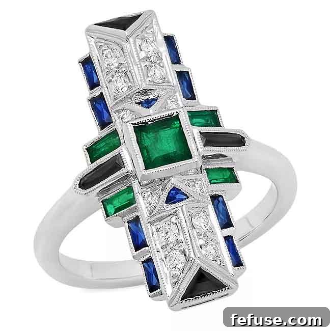 Ring in 18k white gold with emerald, French-cut sapphires, emeralds, onyx, and diamonds
