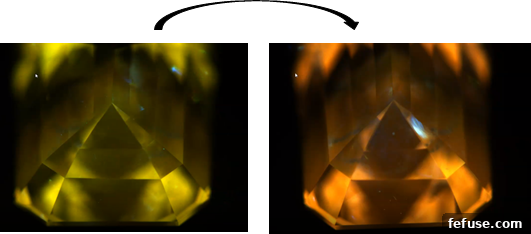Fig.4. Greenish yellow fluorescence (left) transitioning to strong orange color (right) upon 180-degree rotation in DiamondView.