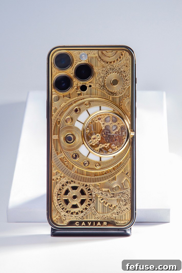 Caviar's 'Time Machine' iPhone, a luxury device incrusted with fragments of rare artifacts and a 24K gold chassis, priced at over $105,000.