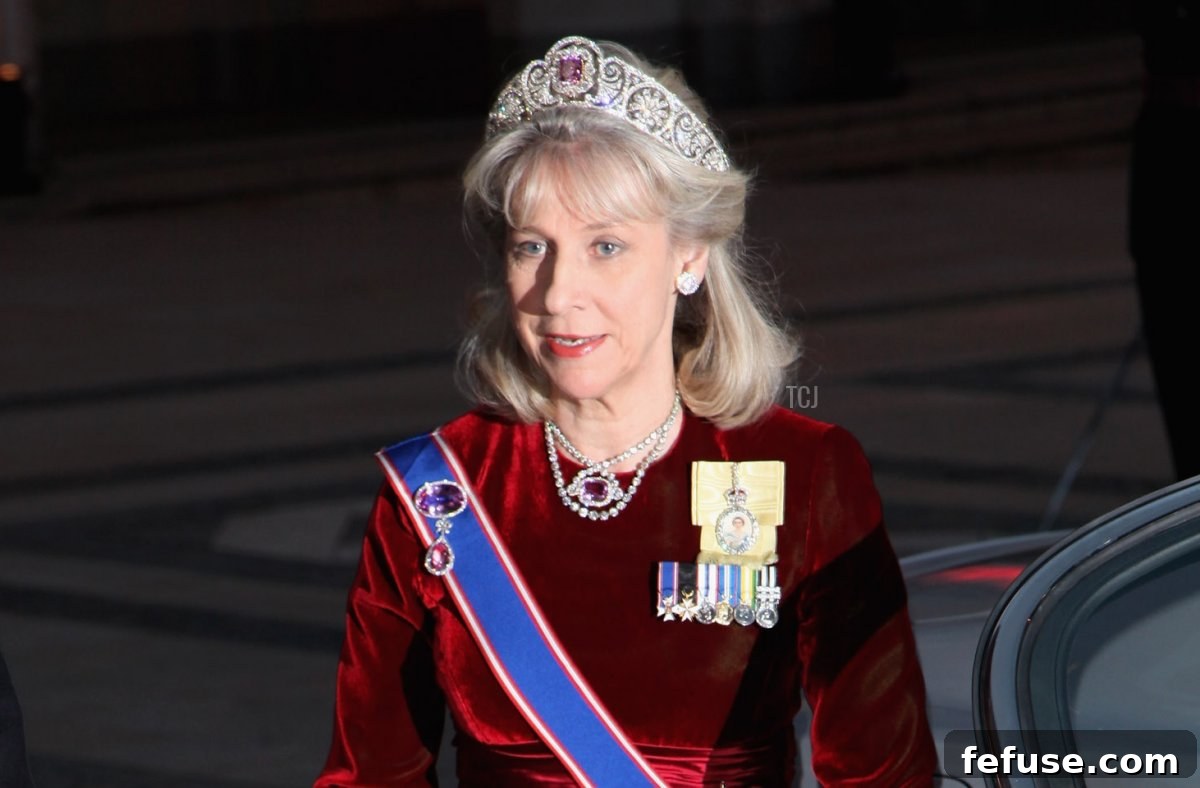 The Duchess of Gloucester, Birgitte, arrives for The State Banquet at Guildhall, wearing the Honeysuckle Tiara with a diamond central element, on March 31, 2009.