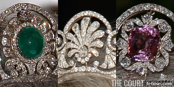 A collage featuring three distinct central elements of the Honeysuckle Tiara: the original diamond honeysuckle motif, the pink kunzite, and an emerald and diamond cluster, demonstrating its versatility.