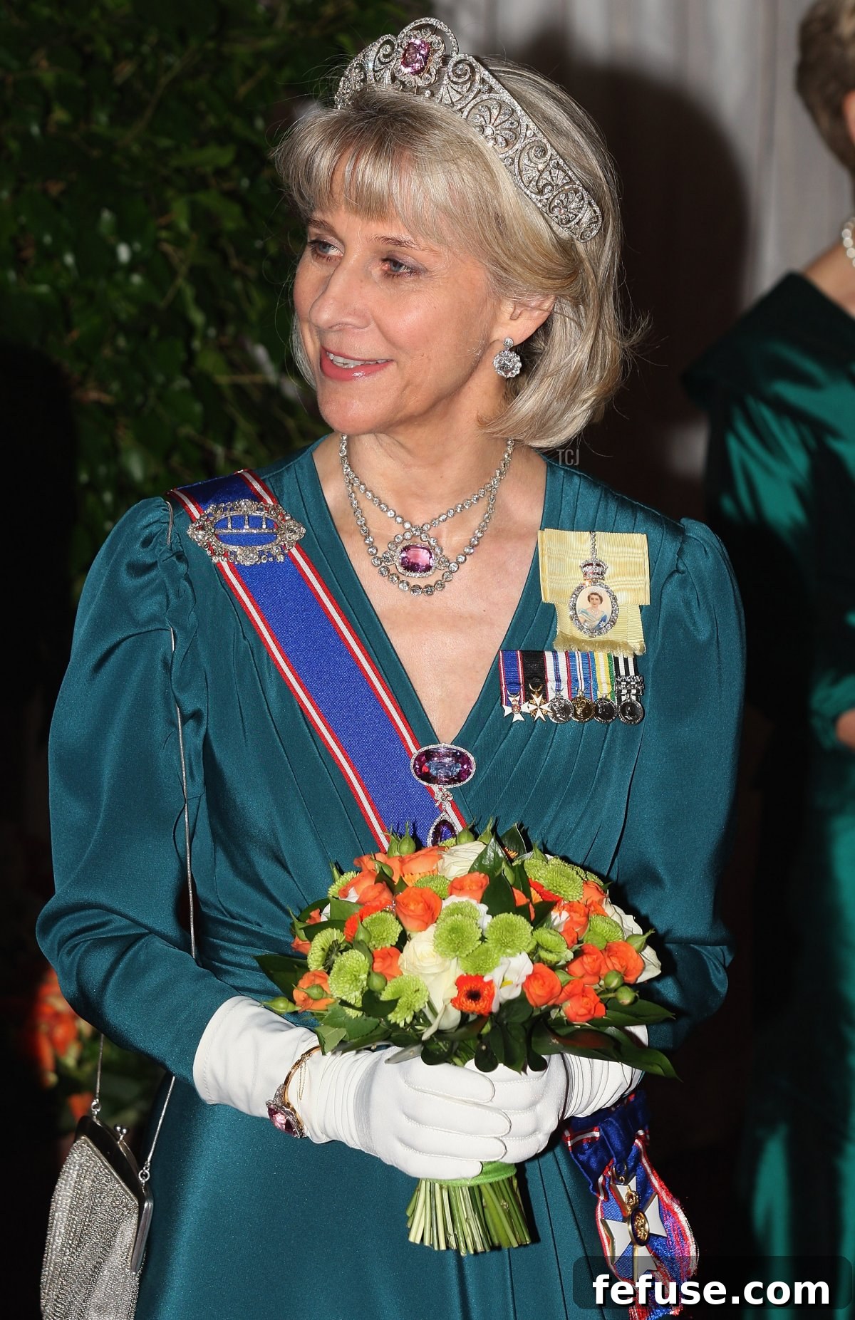 HRH The Duchess of Gloucester, Birgitte, attends a banquet at the Guildhall, wearing the Honeysuckle Tiara with the pink kunzite central element, demonstrating its versatility on October 27, 2009.