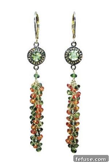 Earrings in oxidized sterling silver with green and orange sapphire rondels and faceted green sapphires, accented with diamonds