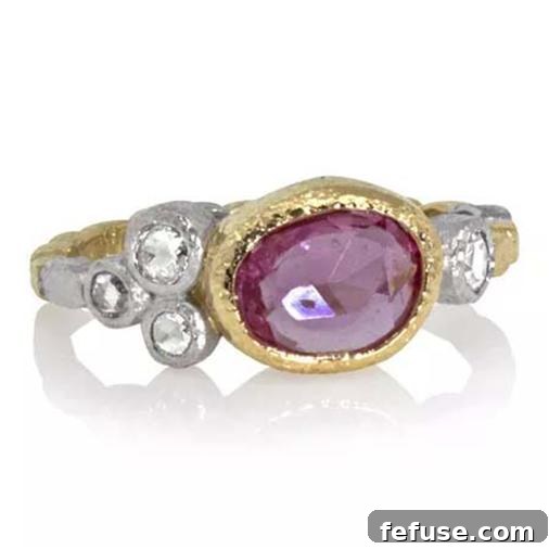 Skinny Pebbles ring in 18k gold and palladium with free-form rose-cut pink sapphire and rose-cut diamonds
