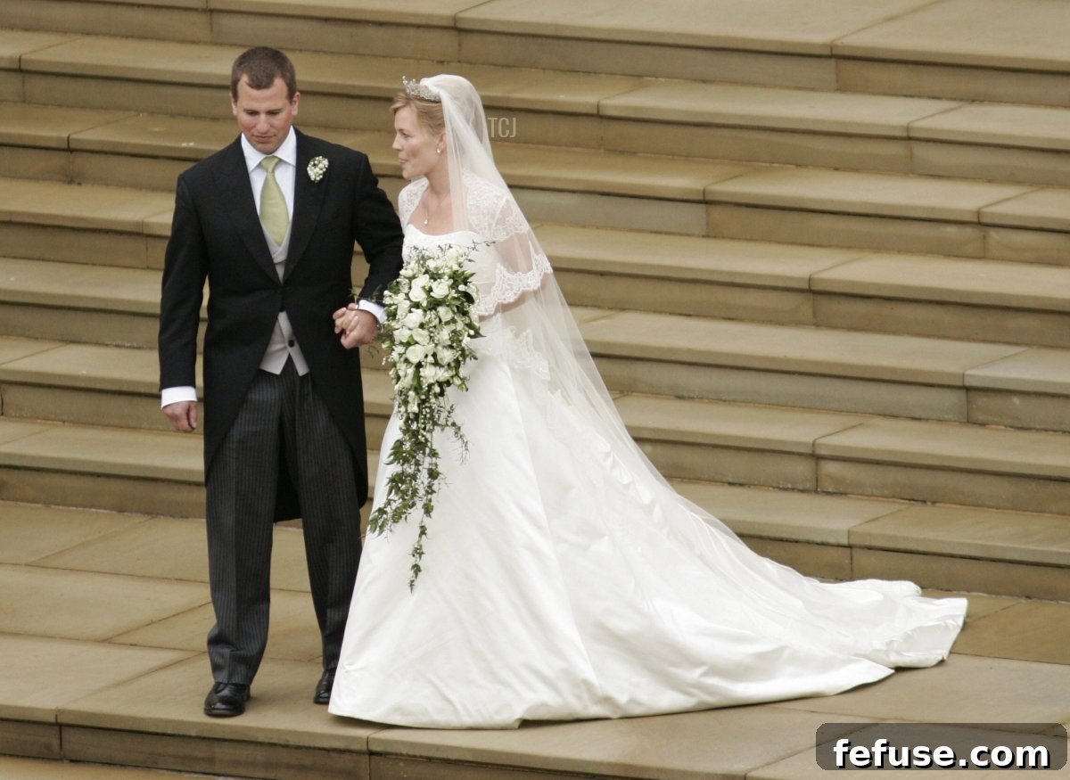 Peter Phillips 30, (L) and Autumn Kelly 31, (R) leave St George's Chapel in Windsor on May 17, 2008 after their marriage vows
